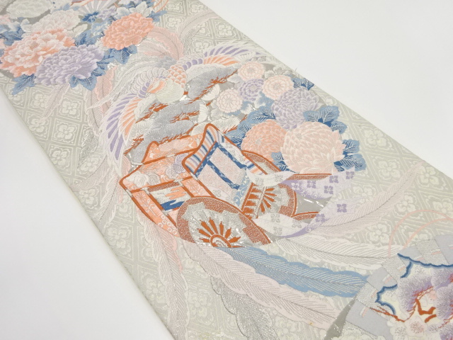 JAPANESE KIMONO / ANTIQUE FUKURO OBI / SILK / PLATINUM FOIL / WOVEN PHOENIX & CARRIAGE